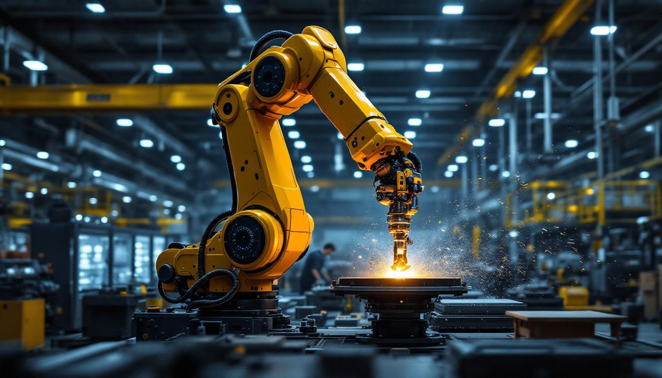 A photograph of a dynamic industrial robotic arm in action within a modern manufacturing facility