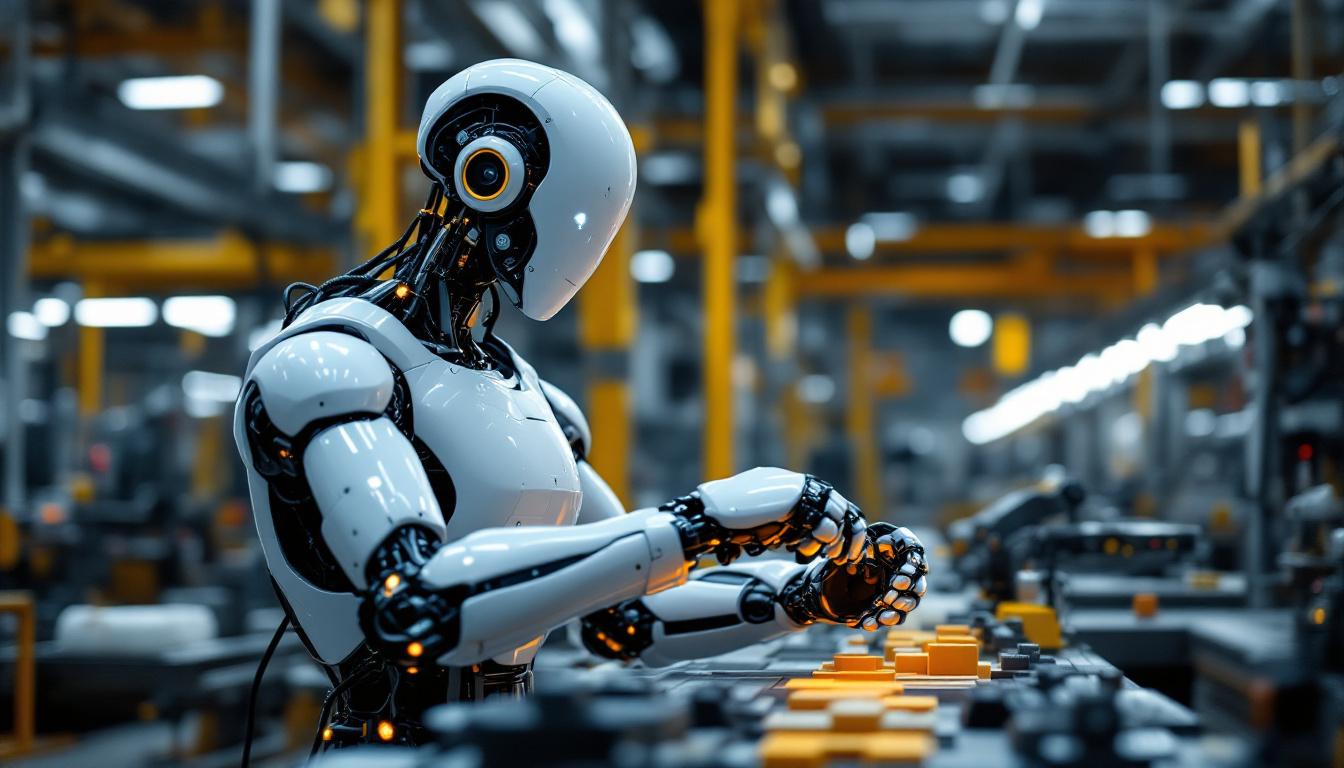 A photograph of a sleek industrial robot in action within a manufacturing environment