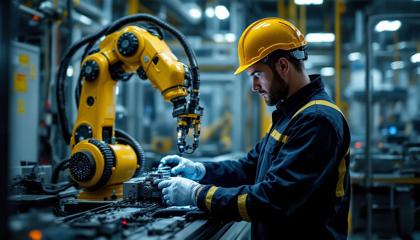 A photograph of a skilled industrial robotic operator in action
