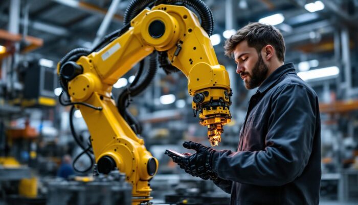 A photograph of a skilled technician working on an industrial robotic arm in a modern manufacturing setting