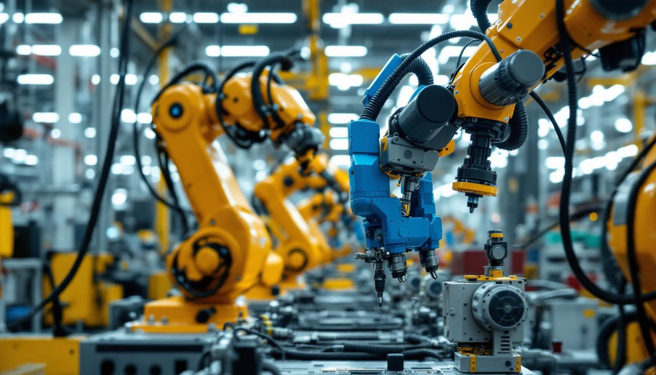 A photograph of a dynamic industrial robotics setup in a boston or montreal factory