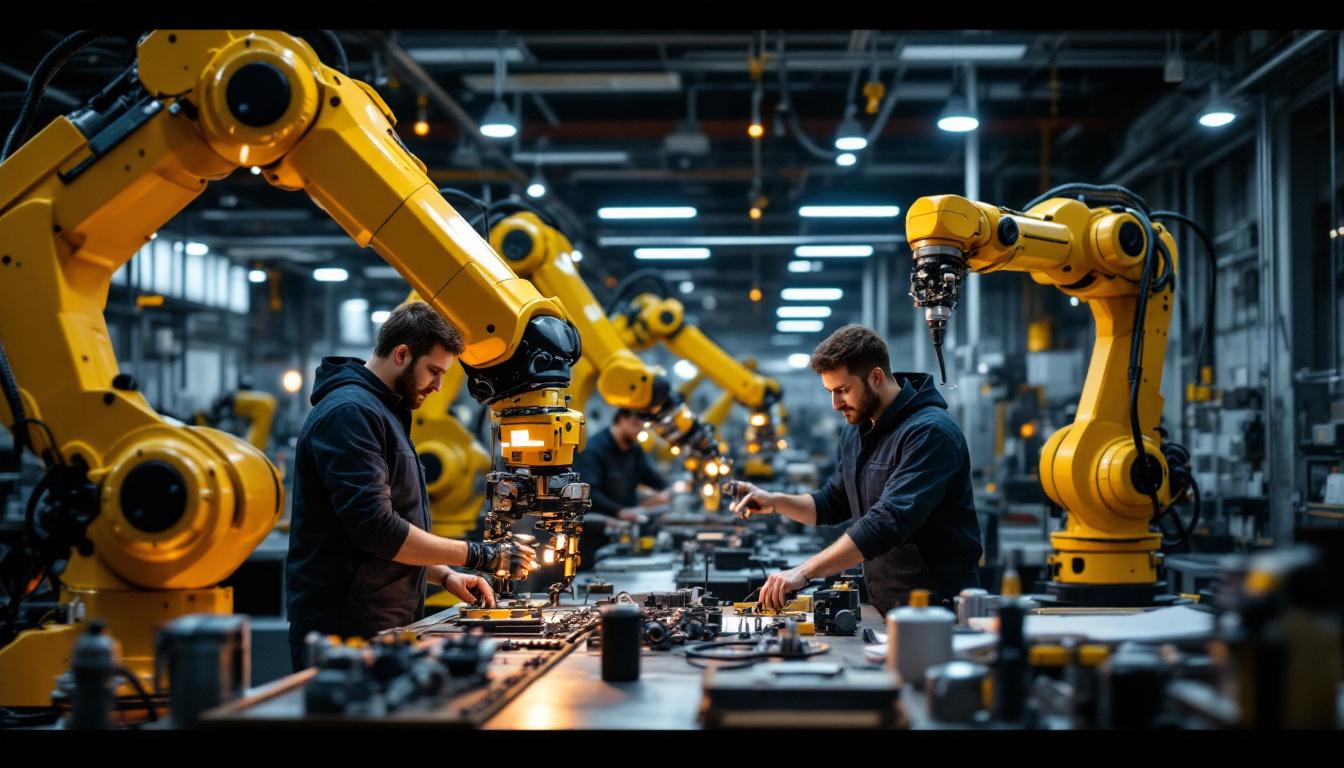 A photograph of a dynamic industrial robotics workspace in the bay area