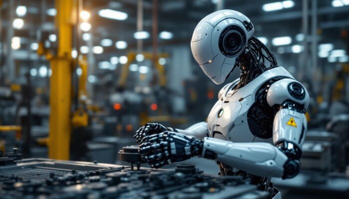 A photograph of a sleek industrial robot in action within a manufacturing environment