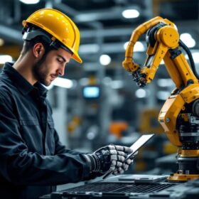 A photograph of a junior mechanical engineer working alongside an industrial robot in a modern manufacturing setting