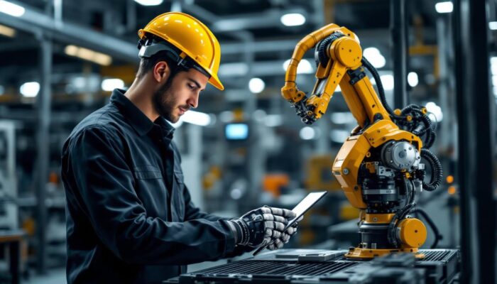 A photograph of a junior mechanical engineer working alongside an industrial robot in a modern manufacturing setting