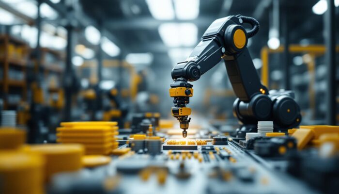 A photograph of a sleek industrial robotic arm in action within a modern manufacturing environment