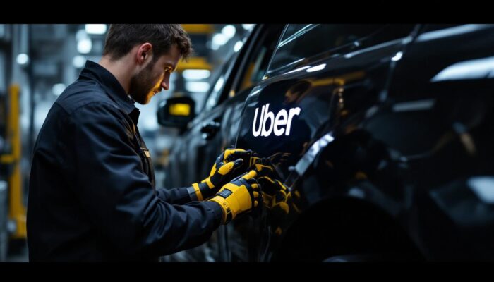 A photograph of a skilled technician performing a detailed inspection of an uber vehicle