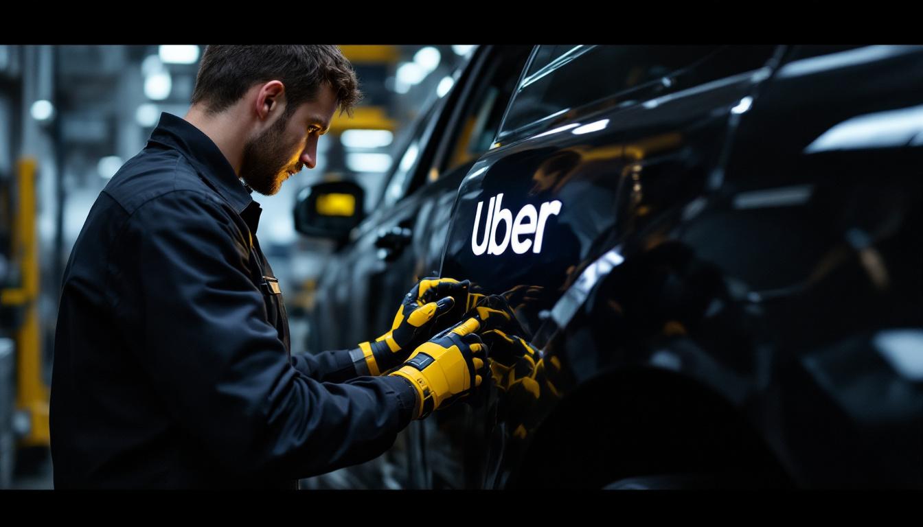 A photograph of a skilled technician performing a detailed inspection of an uber vehicle