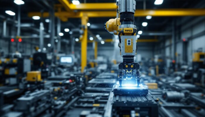 A photograph of a sleek industrial robotic arm in action within a modern manufacturing environment