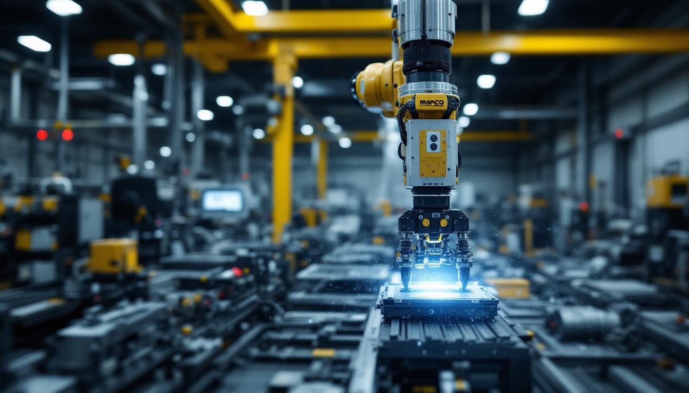 A photograph of a sleek industrial robotic arm in action within a modern manufacturing environment