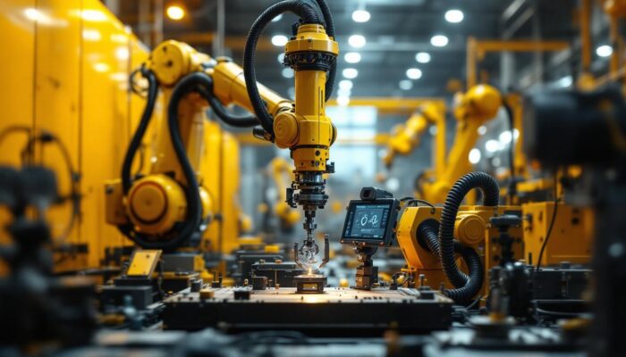A photograph of a dynamic industrial robotic arm in action within a manufacturing setting
