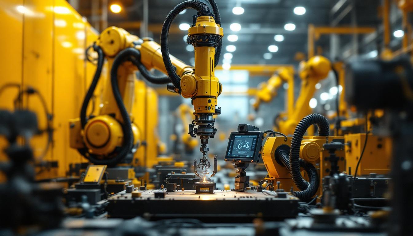 A photograph of a dynamic industrial robotic arm in action within a manufacturing setting