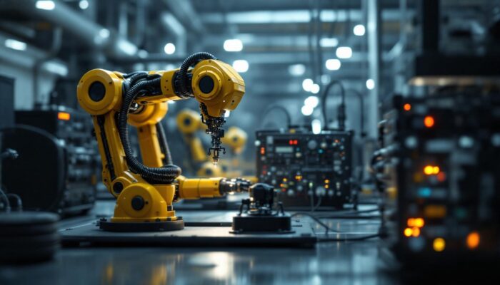 A photograph of capture a photograph of an industrial robot in action