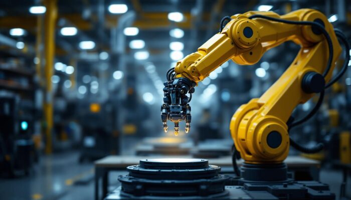 A photograph of a sleek industrial robotic arm in action within a high-tech boston manufacturing facility