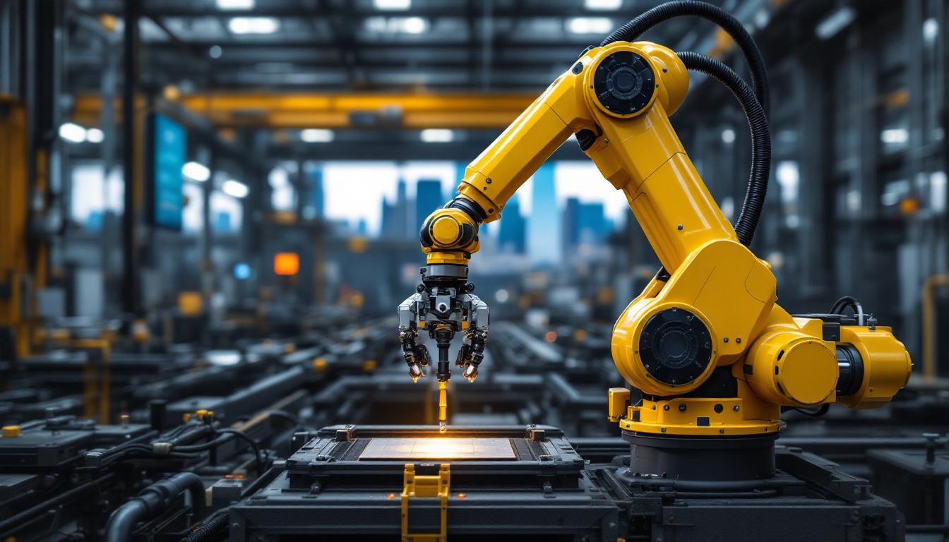 A photograph of a sleek industrial robotic arm in action within a modern chicago manufacturing facility