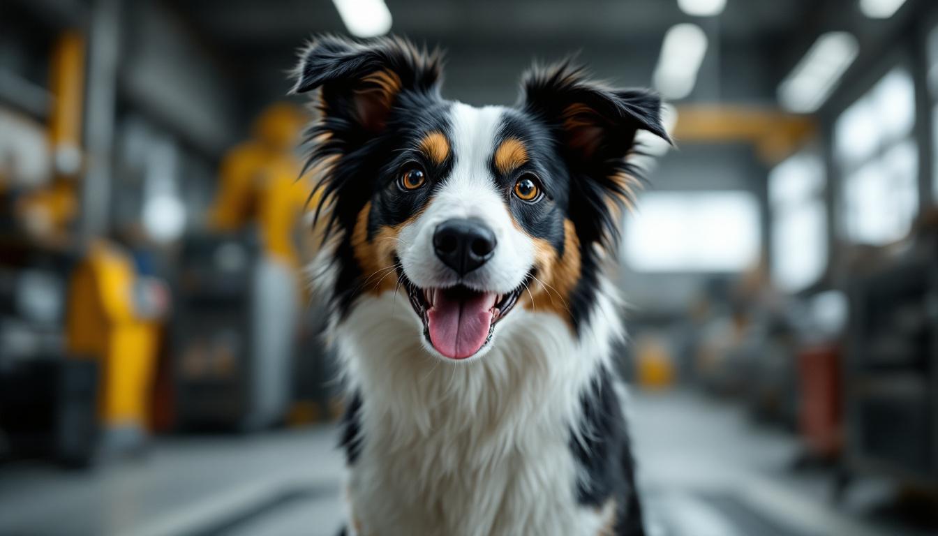 A photograph of a playful dog with distinctive patches on its fur