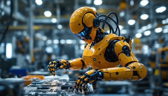 A photograph of a state-of-the-art industrial robot in action on a factory floor
