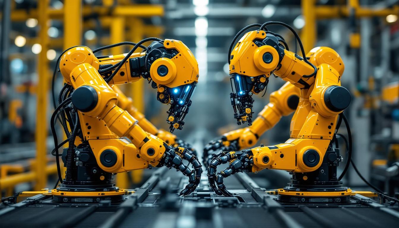 A photograph of capture a photograph of two industrial robots working in tandem on an assembly line