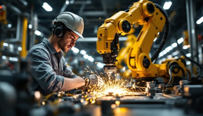 A photograph of a robotics engineer in a modern industrial setting