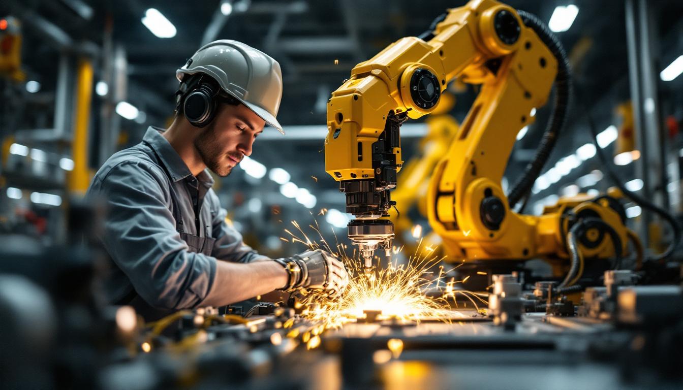 A photograph of a robotics engineer in a modern industrial setting