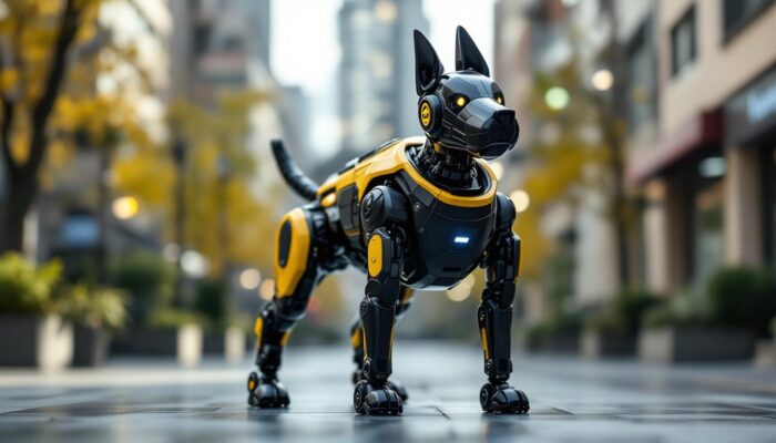 A photograph of a sleek industrial robotic guard dog in an urban environment