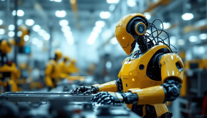 A photograph of a modern industrial robot in action within a manufacturing setting