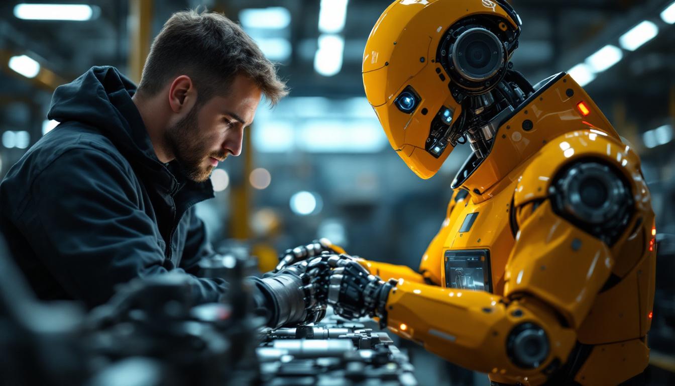 A photograph of a skilled technician working alongside an industrial robot in a modern manufacturing environment