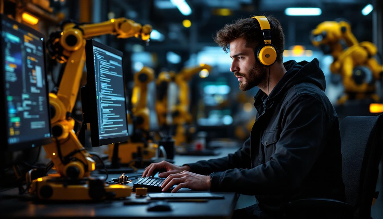 A photograph of an embedded software engineer working intently at a computer