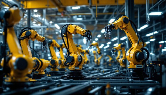 A photograph of a dynamic industrial setting featuring a variety of robotic arms in action