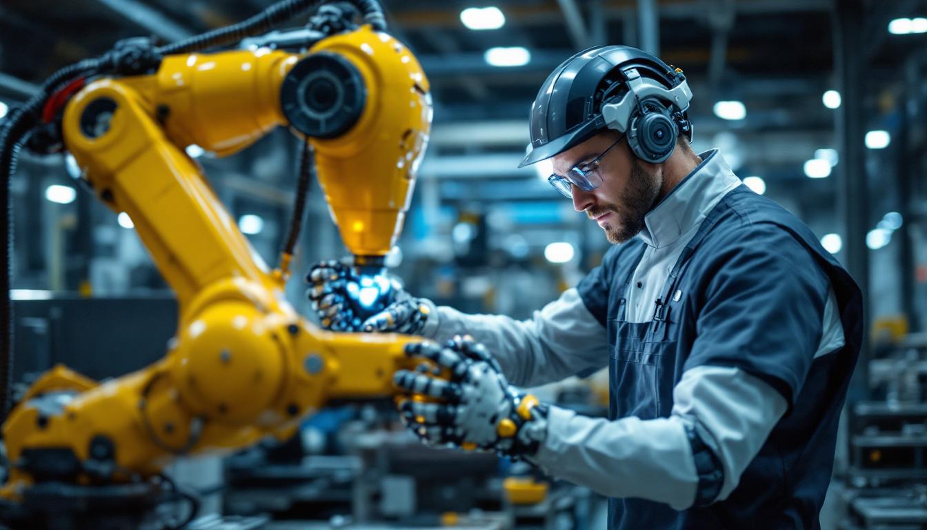 A photograph of a skilled mechanical engineer working alongside an industrial robot in a modern manufacturing setting