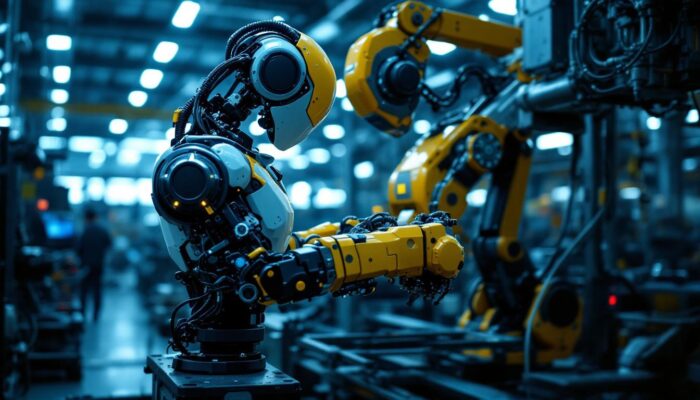 A photograph of a dynamic industrial robot in action