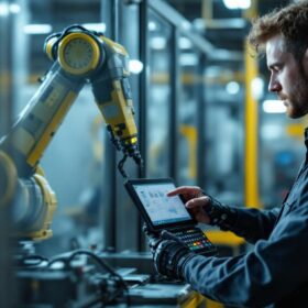 A photograph of a skilled technician programming an industrial robot in a modern manufacturing facility