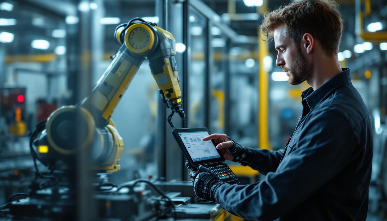 A photograph of a skilled technician programming an industrial robot in a modern manufacturing facility