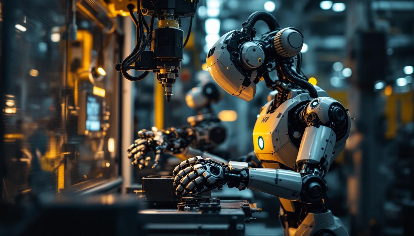 A photograph of a dynamic industrial robot in action within a modern manufacturing environment