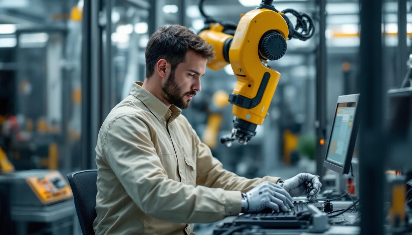 A photograph of a skilled robotics engineer working hands-on with an industrial robot in a modern manufacturing environment