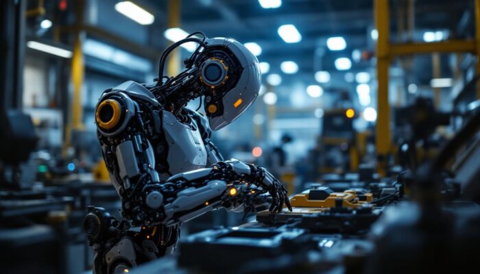 A photograph of a sleek industrial robot in action within a modern manufacturing environment