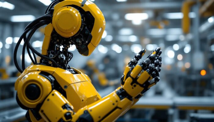 A photograph of a sleek industrial robot in action
