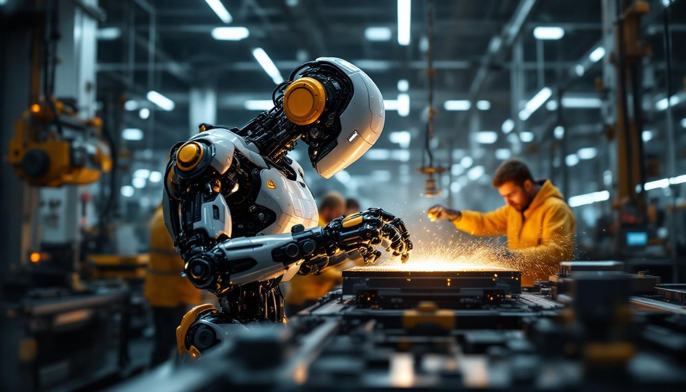 A photograph of a sleek industrial robot in action within a manufacturing environment