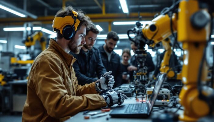 A photograph of a skilled software engineer collaborating with a team in a high-tech lab