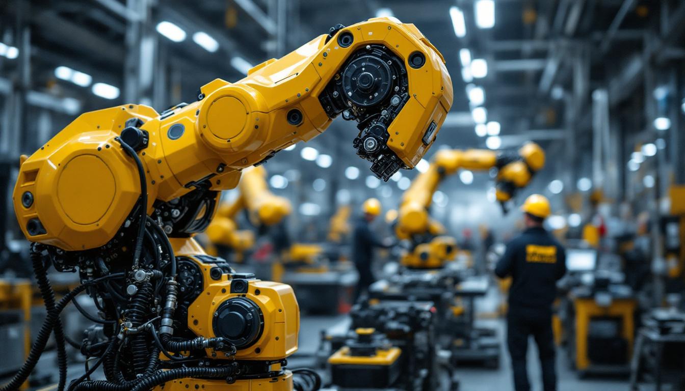 A photograph of capture a photograph of an industrial robot in action within a boston manufacturing setting