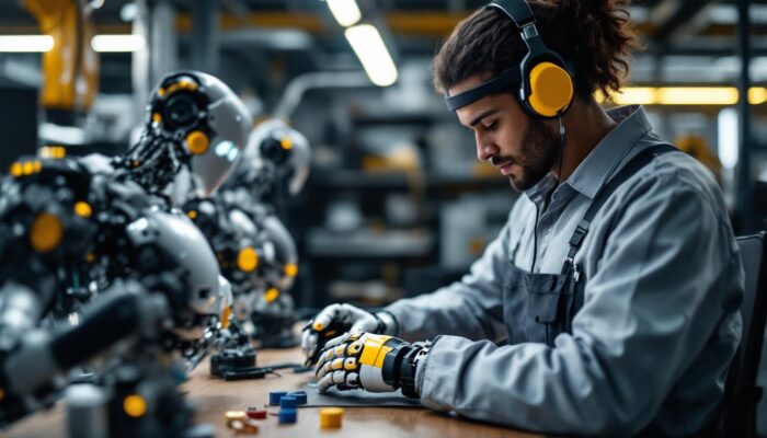 A photograph of a skilled technician working on an advanced robotic prosthetic in a modern workshop
