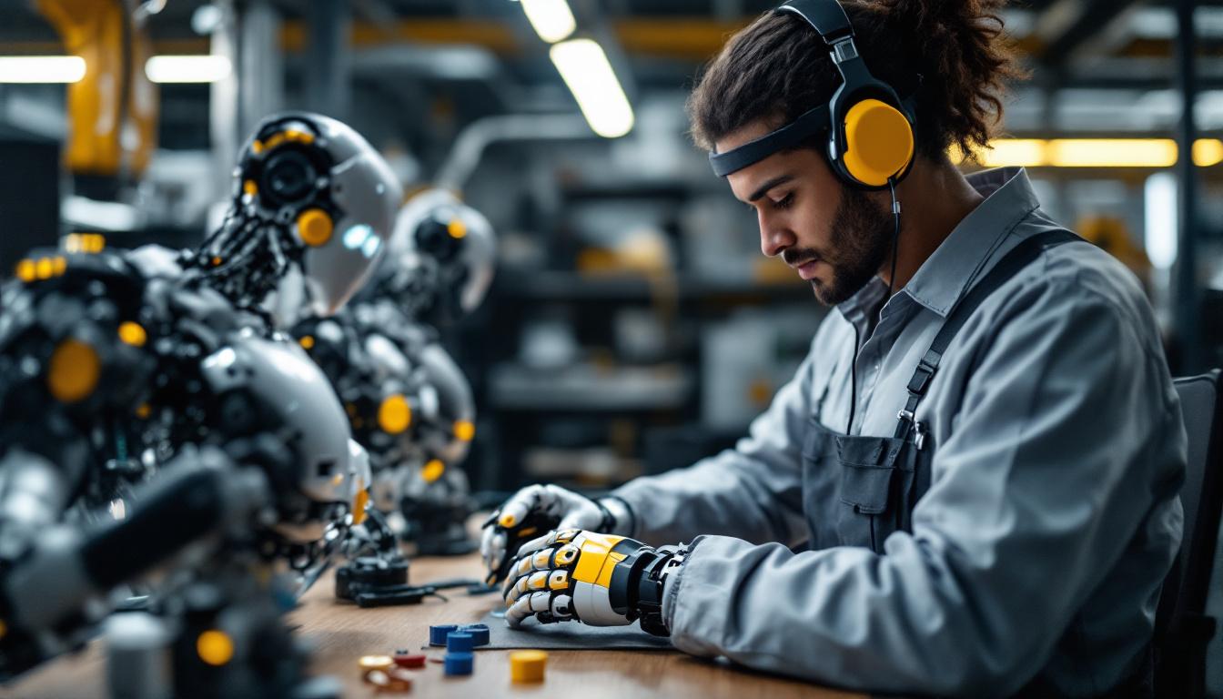 A photograph of a skilled technician working on an advanced robotic prosthetic in a modern workshop