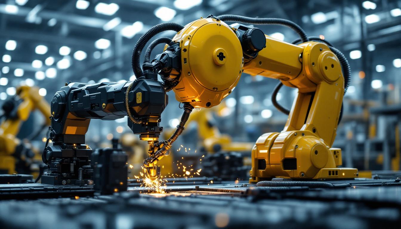 A photograph of a state-of-the-art industrial robot in action within a modern manufacturing facility