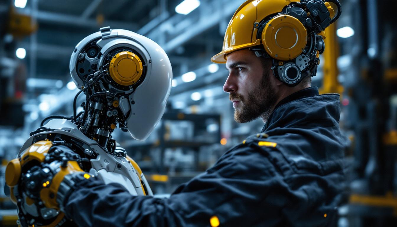 A photograph of a skilled engineer programming or interacting with a state-of-the-art industrial robot in a modern manufacturing facility