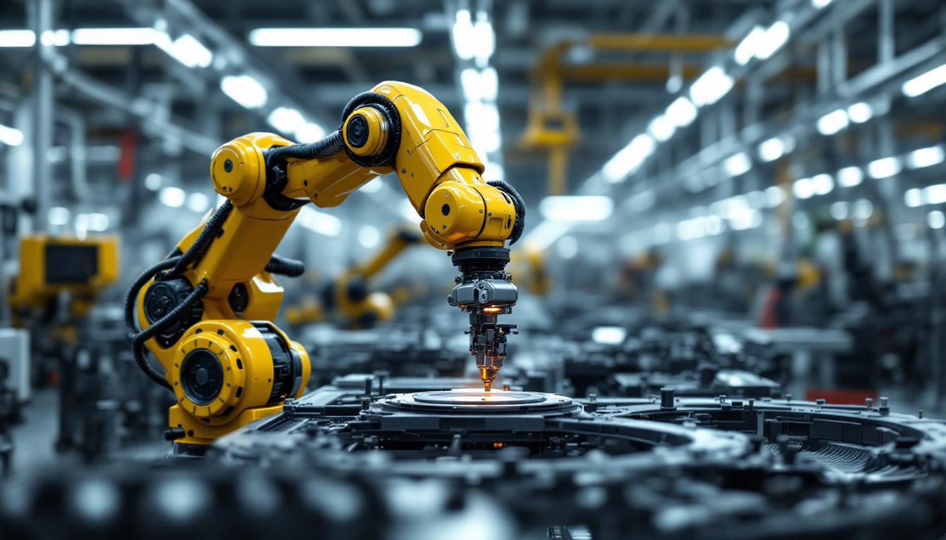 A photograph of a sleek industrial robotic arm in action within a modern automotive manufacturing facility