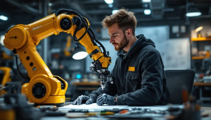 A photograph of a skilled industrial design intern working alongside a robotic arm in a modern workshop