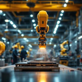 A photograph of a highly automated industrial setting featuring a robotic arm in action