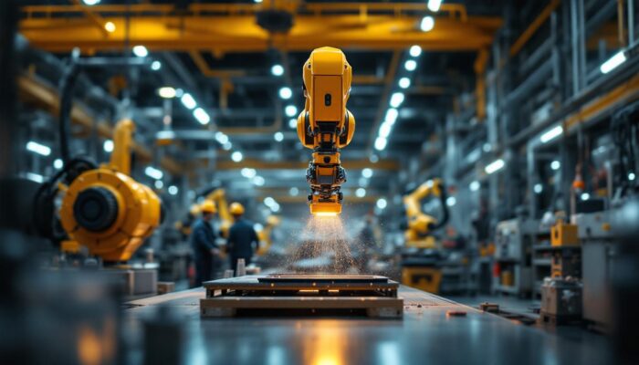 A photograph of a highly automated industrial setting featuring a robotic arm in action