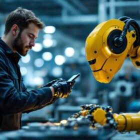 A photograph of a biomechanics specialist working alongside an industrial robot in a modern manufacturing environment