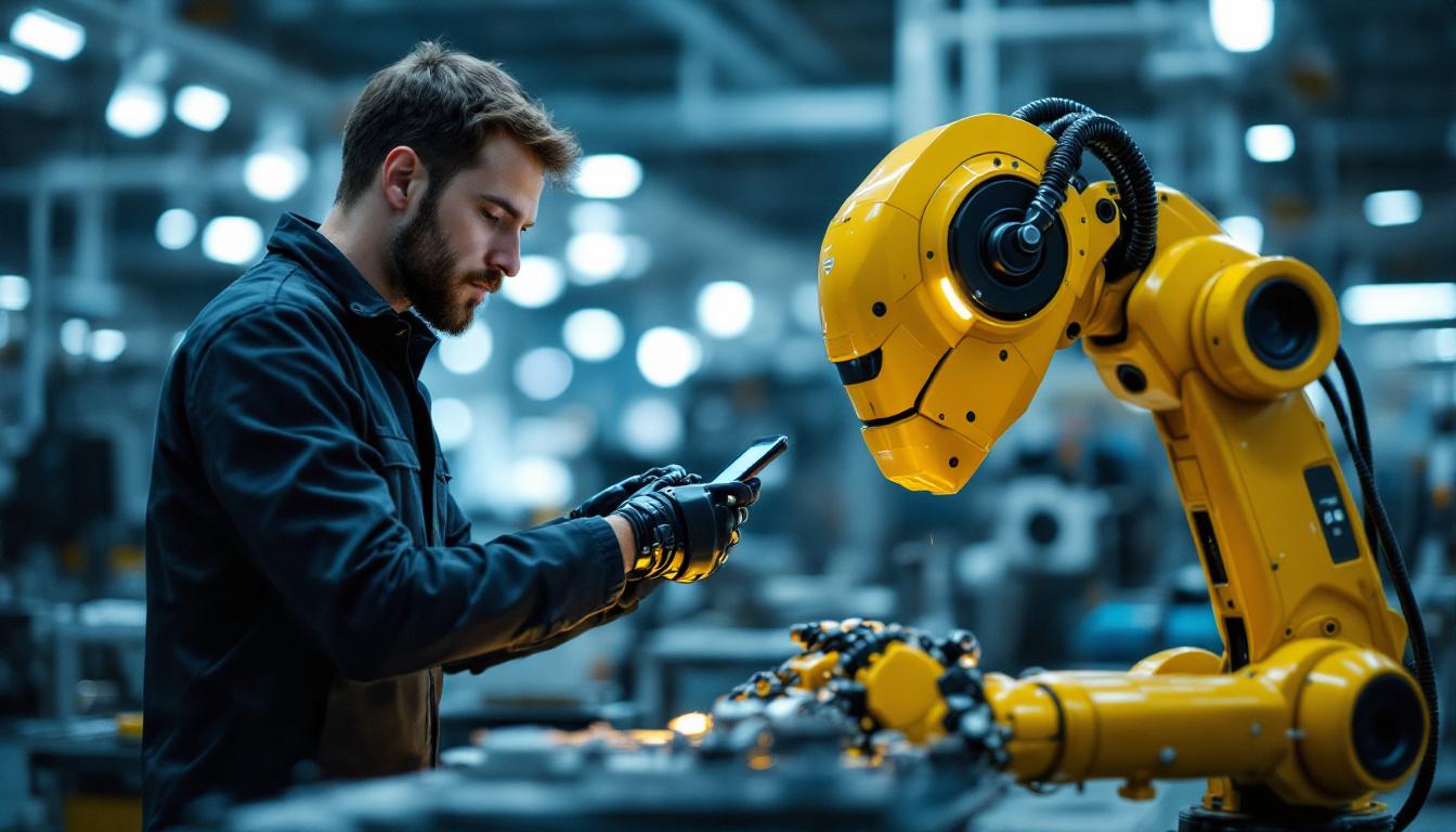 A photograph of a biomechanics specialist working alongside an industrial robot in a modern manufacturing environment